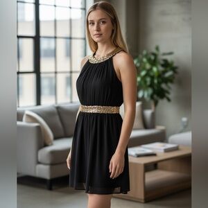 Red Clover black party dress with gold trim. Sz Med